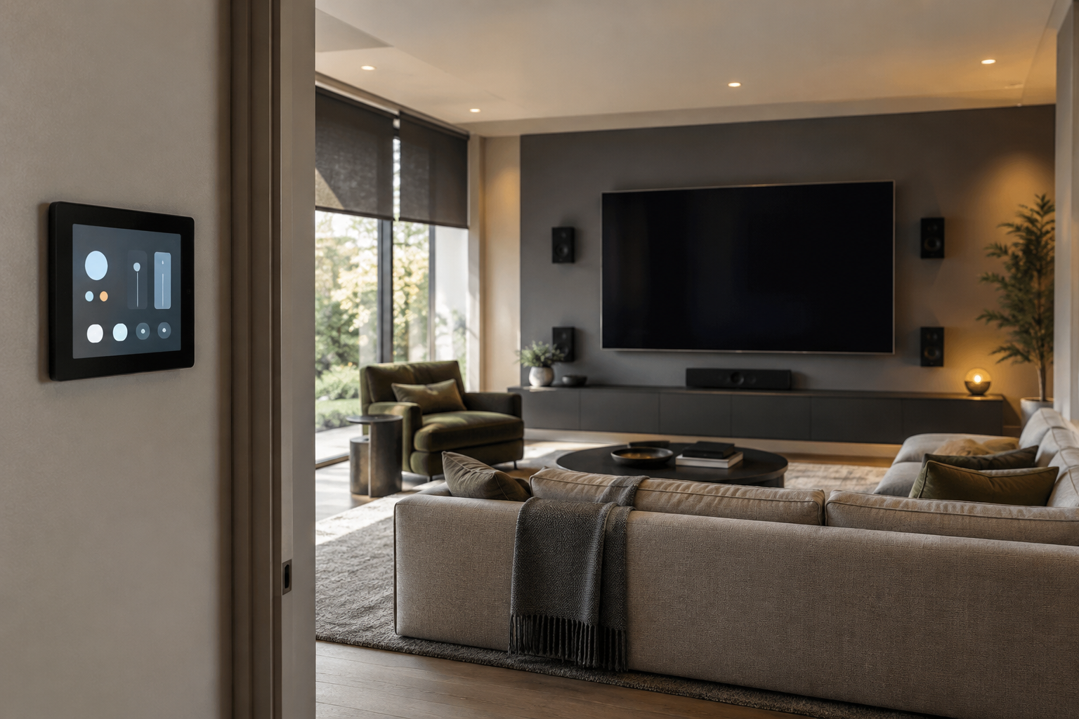 Wall-mounted household control display beside a media room with a television, compact speakers and window blinds.