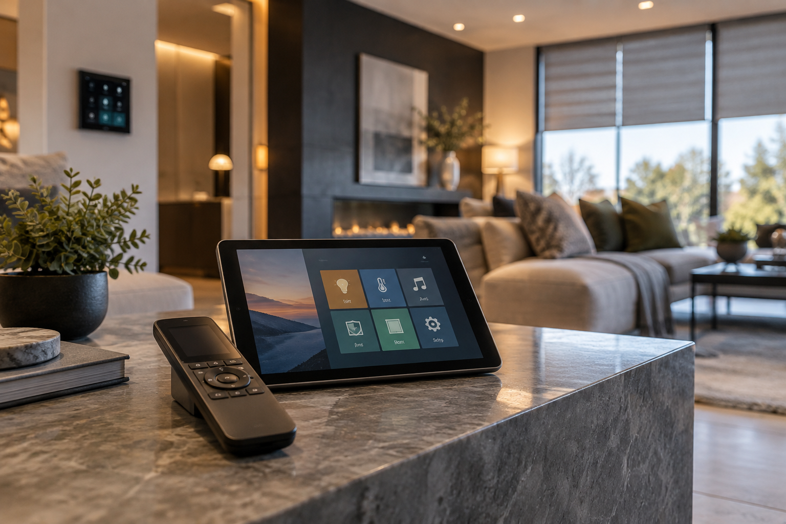 Unbranded touchscreen remote and tablet on a commissioning desk, with lighting controls and window blinds behind.
