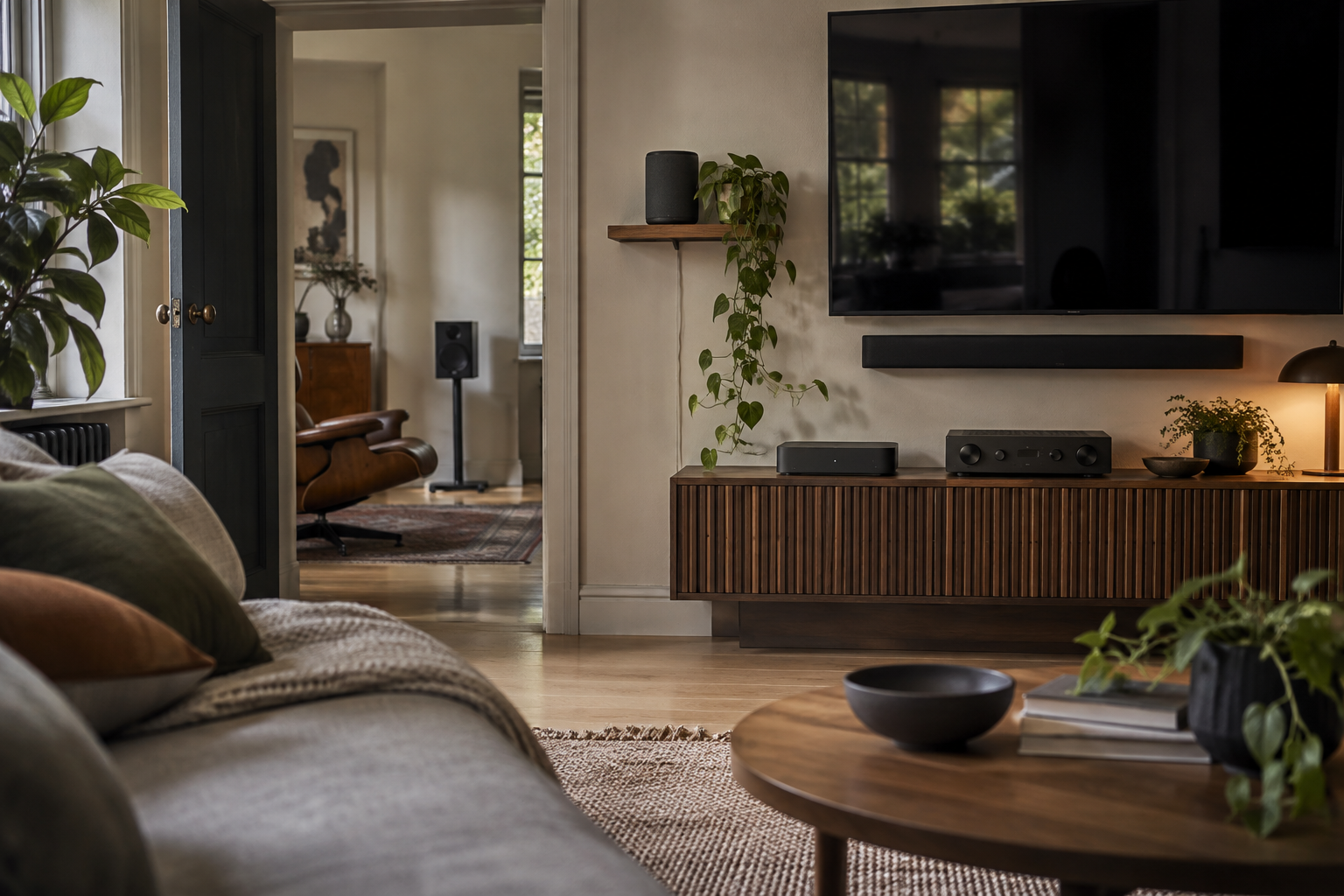 Unbranded streamer, amplifier and soundbar in a living room with a second listening space beyond.
