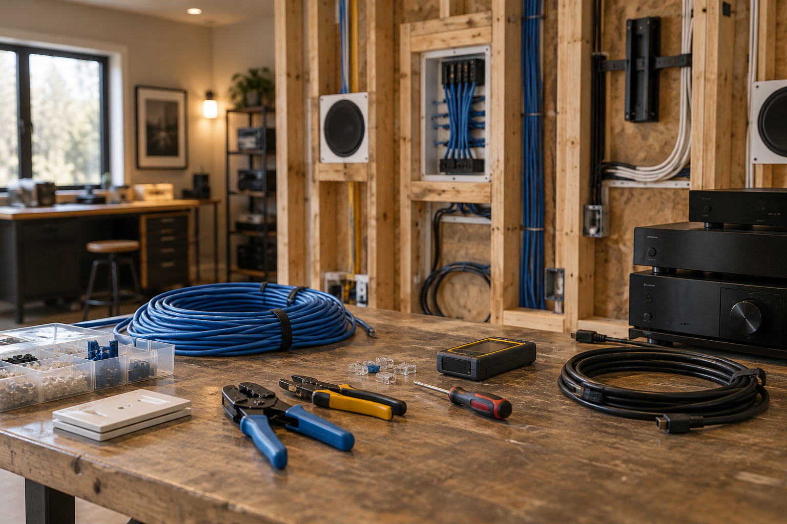 Cable tools and unbranded AV equipment on a workbench beside a residential installation practice wall.