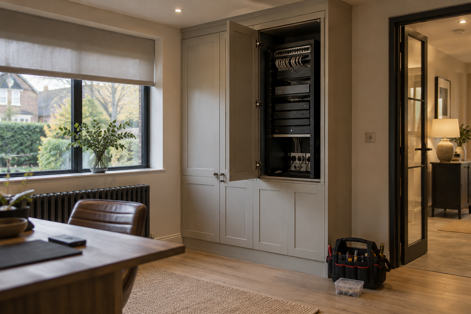 Residential renovation with recessed lighting, window shading and an open cupboard housing networking and control equipment.