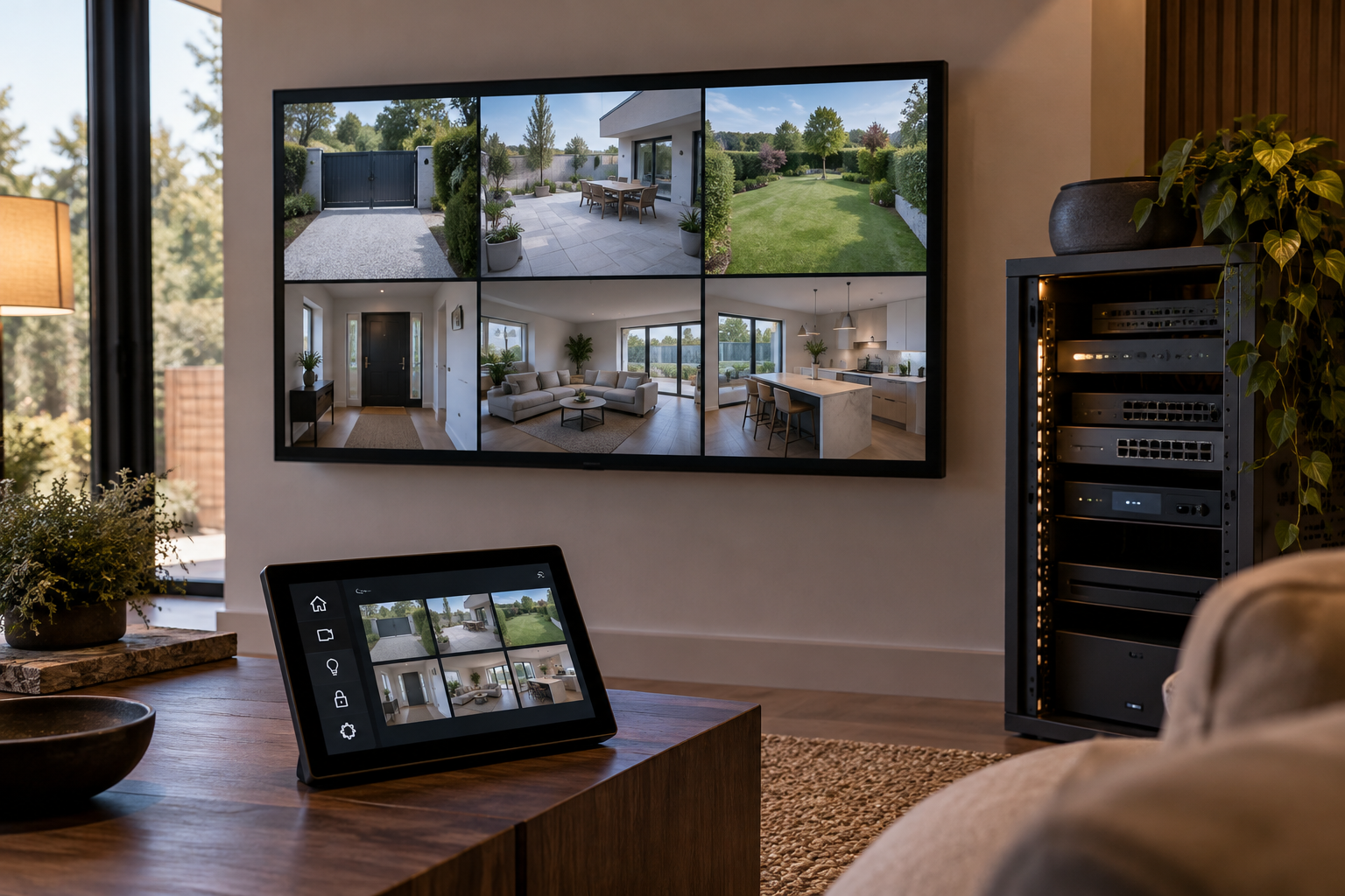 Residential AV display showing six camera views, with a tabletop controller and unbranded equipment rack nearby.