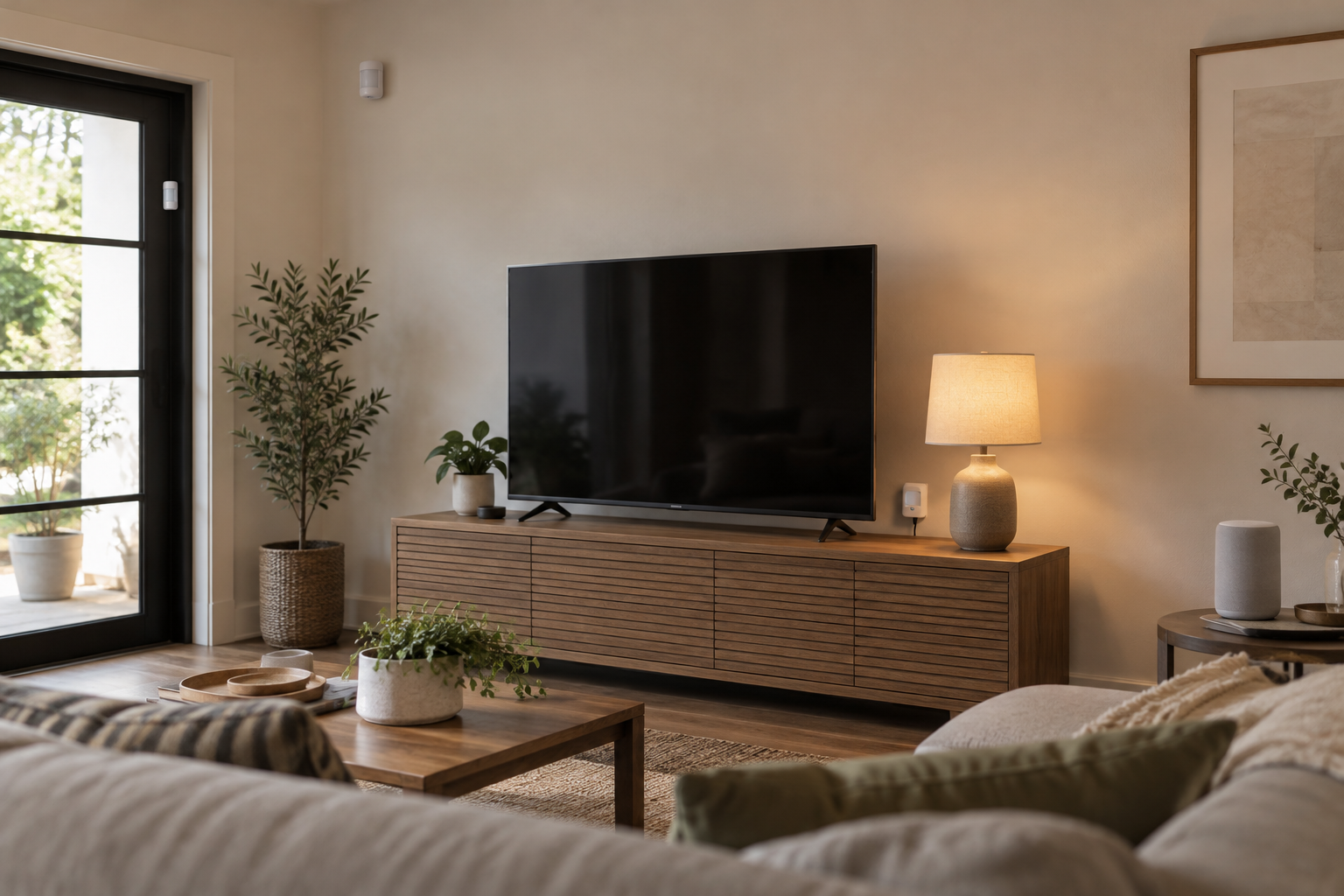 Unbranded sensors, a smart plug and a smart speaker installed in an unoccupied domestic living room.