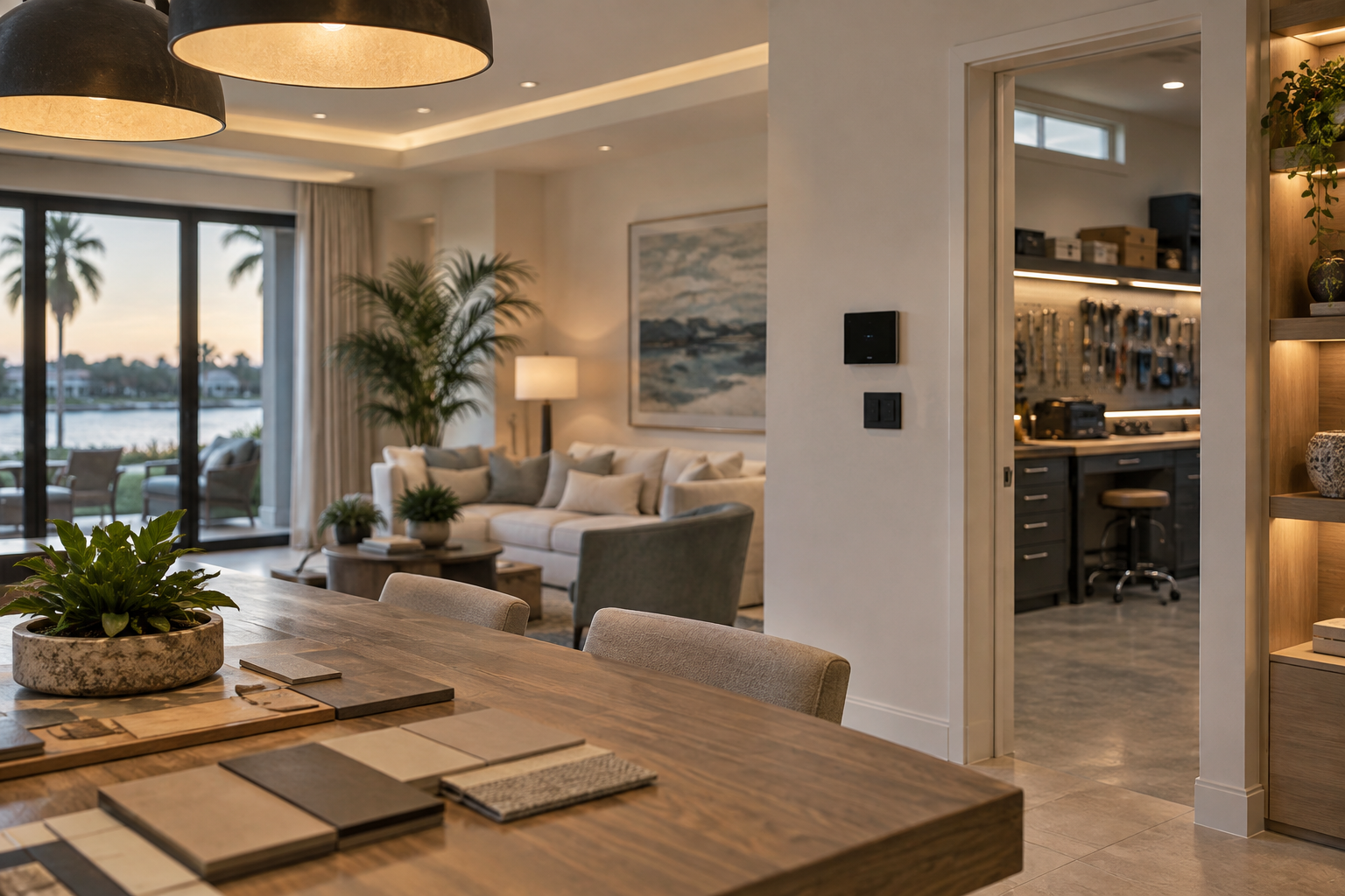 Residential smart home showroom with layered lighting, wall controls, material samples and an adjoining practical training area.