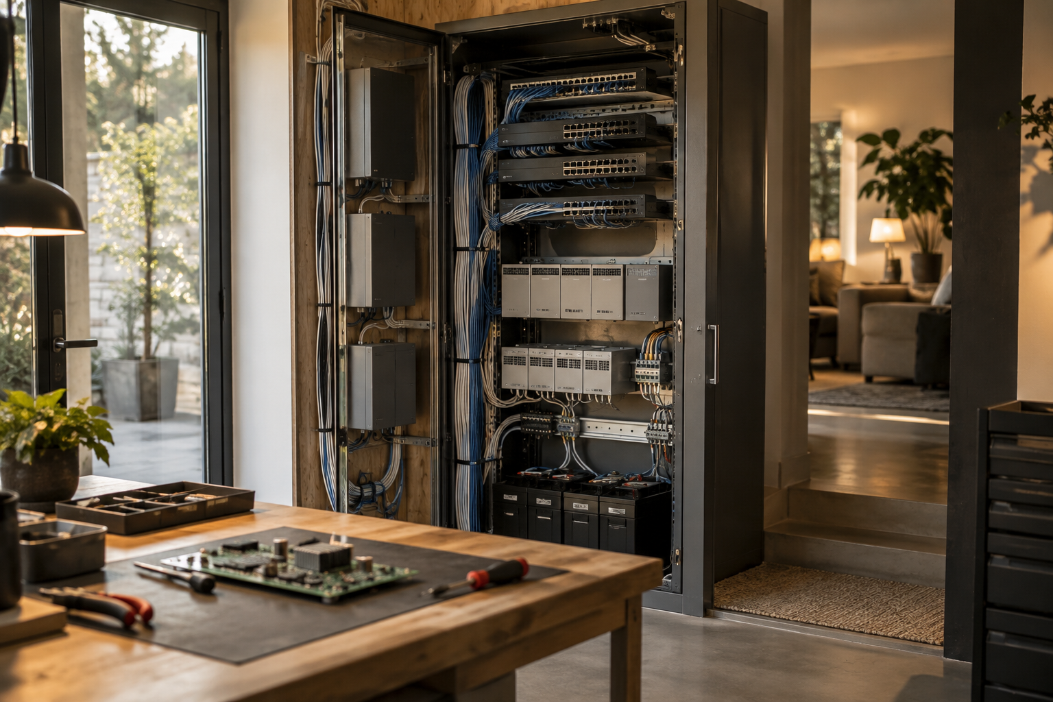 Unbranded power supplies and network switches installed in a tidy residential smart-home equipment cabinet.