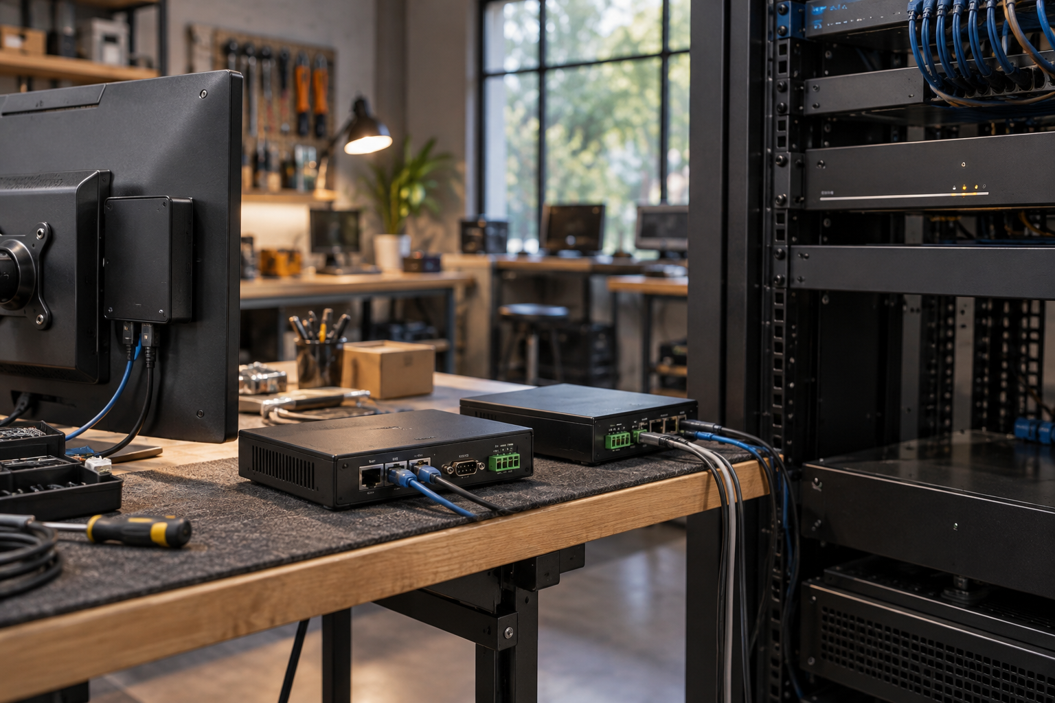 Unbranded control processors and connection cables on an integration workbench beside a rack-mounted control unit.
