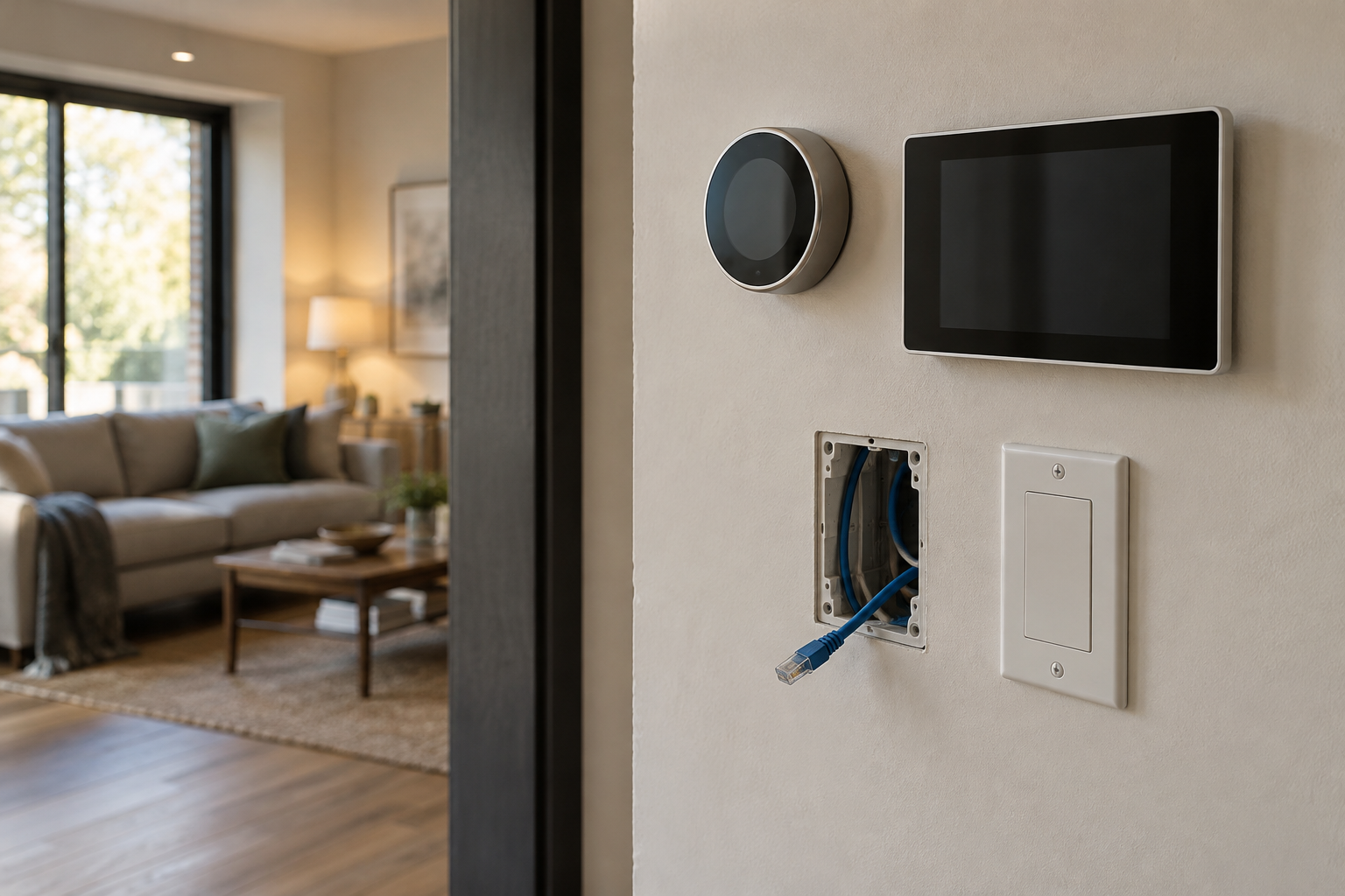 Unbranded thermostat and wall control panel beside concealed wiring connections during a residential smart-home installation.