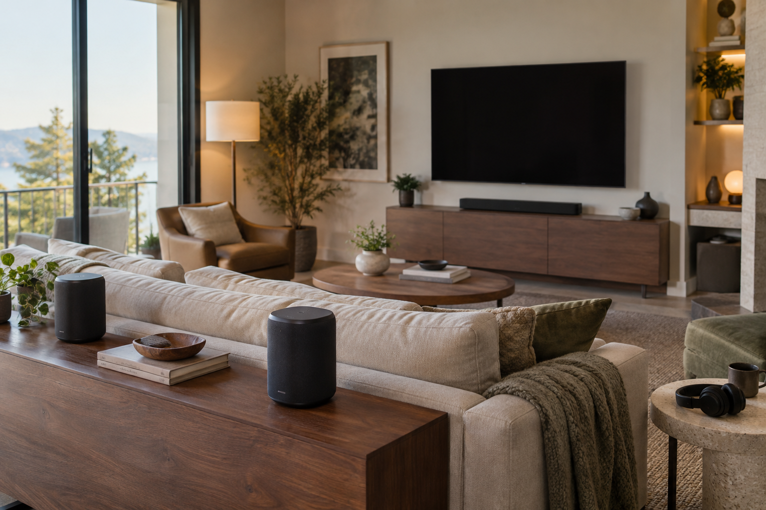 Living room with a compact soundbar, portable rear speakers and over-ear headphones beside a sofa.