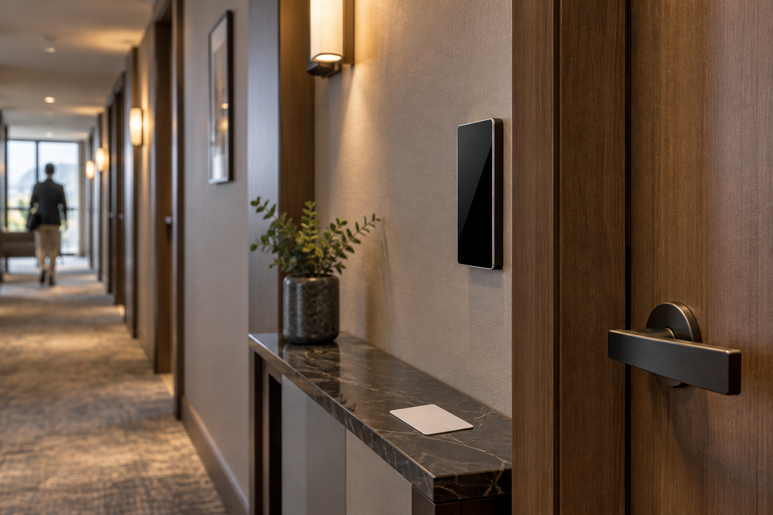 Black glass access reader beside a hotel room door in a softly lit contemporary corridor.