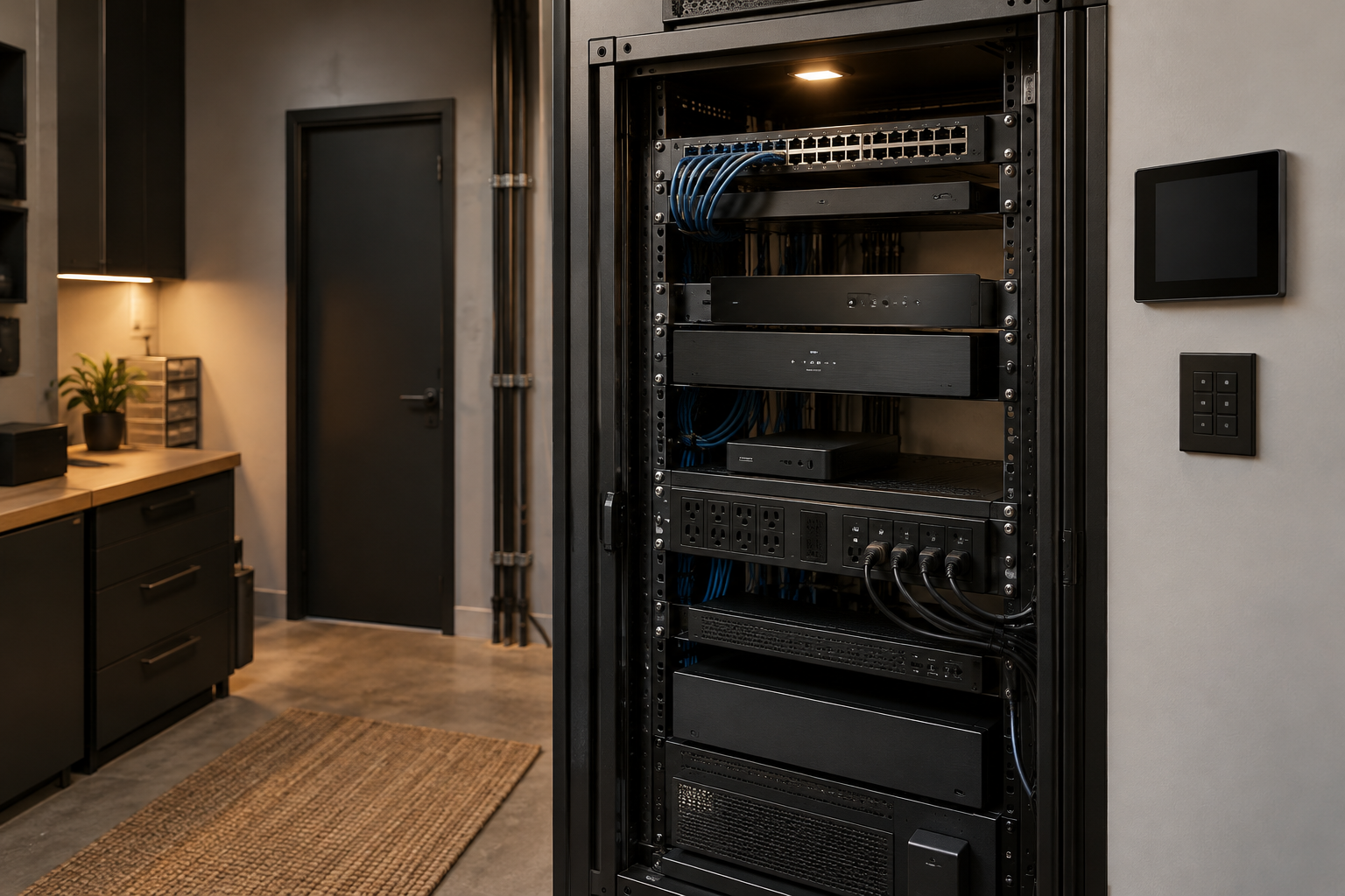 Networked power distribution and control equipment in an AV rack beside a wall keypad and touch panel.